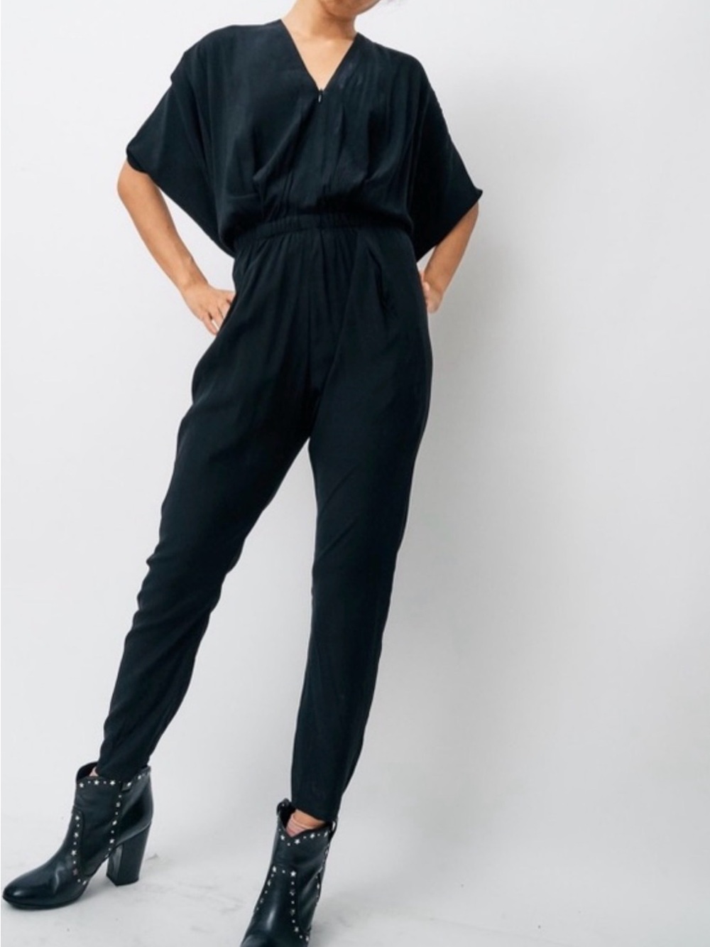 Zero + Maria Cornejo Navy V-Neck Elastic-Waist Jumpsuit